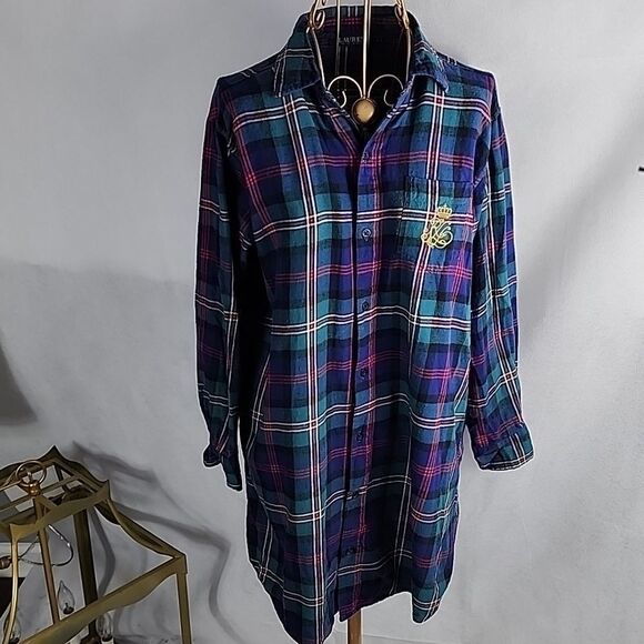 Ralph Lauren Plaid Flannel Night Shirt with embroidered R L crown - Picture 3 of 8